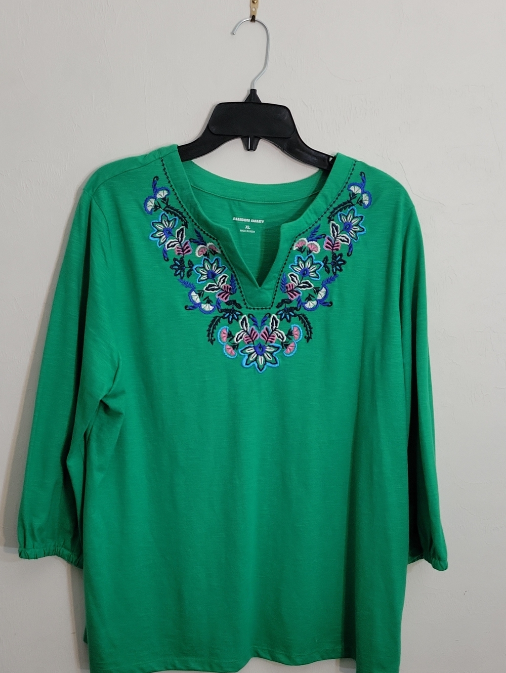 Allison Daley Green Embroidered V-Notch Tunic